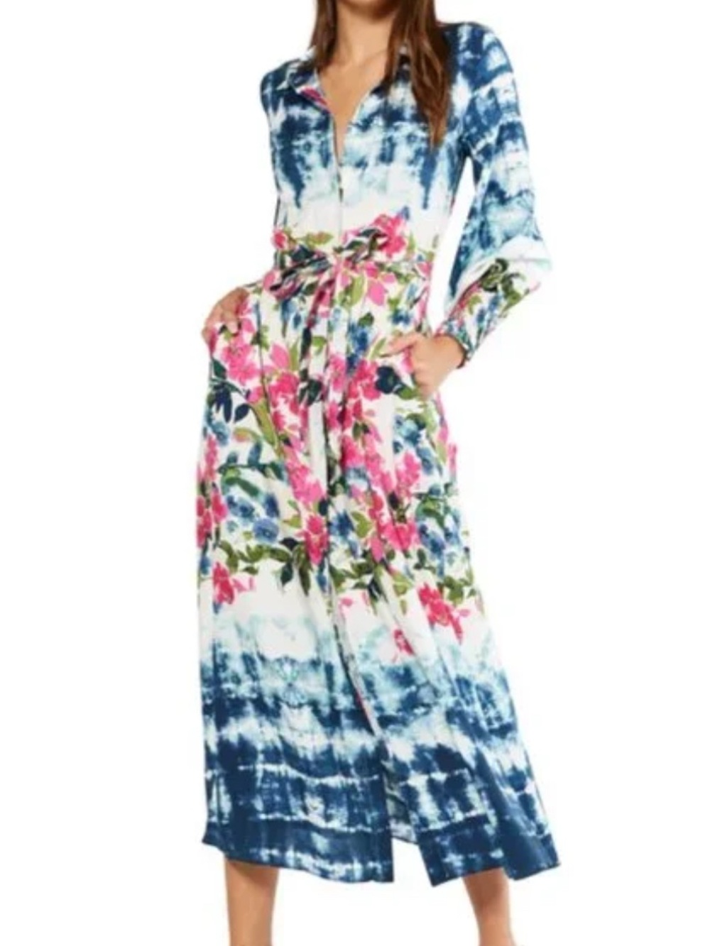 Misa Los Angeles Blue Tie-Dye Maxi Shirt Dress with Pink Floral Print